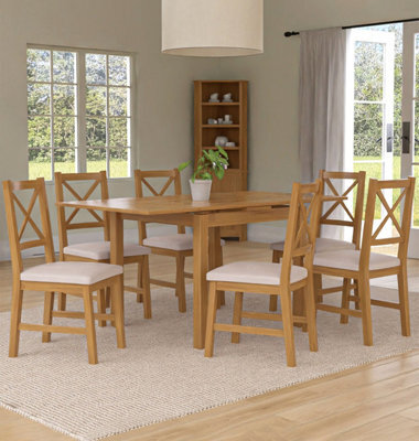 Hallowood Furniture Waverly Small Extending Table With 6 Cross Back Oak Chairs With Beige Fabric Seats - image 1