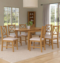 Hallowood Furniture Waverly Small Extending Table With 6 Cross Back Oak Chairs With Beige Fabric Seats - thumbnail 1