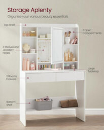 Songmics Vasagle Makeup Vanity Table, Led Lights With 3 Colors, Adjustable Brightness, Mirror Vanity Desk, Modern Makeup Desk, White - thumbnail 4