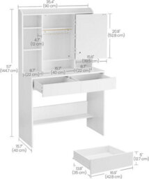 Songmics Vasagle Makeup Vanity Table, Led Lights With 3 Colors, Adjustable Brightness, Mirror Vanity Desk, Modern Makeup Desk, White - thumbnail 2