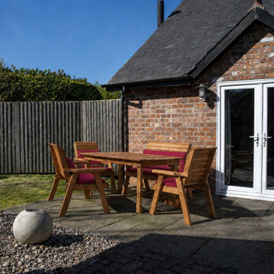 Samuel Alexander Handmade 6 Seater Chunky Rustic Wooden Garden Furniture Set. Table, Chairs & Burgundy Cushions - image 1