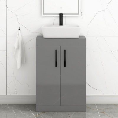 Royal Bathrooms 600mm Floor Standing Vanity Unit 2 Door Indigo Grey Gloss & Countertop Basin - Cube With Matt Black Handle - image 1