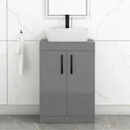Royal Bathrooms 600mm Floor Standing Vanity Unit 2 Door Indigo Grey Gloss & Countertop Basin - Cube With Matt Black Handle - thumbnail 1