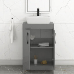 Royal Bathrooms 600mm Floor Standing Vanity Unit 2 Door Indigo Grey Gloss & Countertop Basin - Cube With Matt Black Handle - thumbnail 3