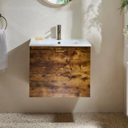 Homestylestore 600mm Dark Oak Wall Hung Bathroom Vanity Unit And Brushed Gold Finger Pull Handle - thumbnail 2