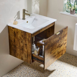 Homestylestore 600mm Dark Oak Wall Hung Bathroom Vanity Unit And Brushed Gold Finger Pull Handle - thumbnail 3