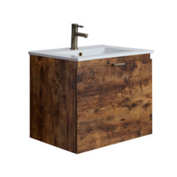 Homestylestore 600mm Dark Oak Wall Hung Bathroom Vanity Unit And Brushed Gold Finger Pull Handle - thumbnail 1