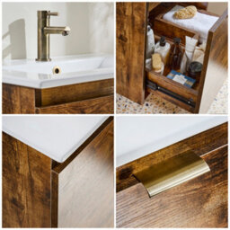 Homestylestore 600mm Dark Oak Wall Hung Bathroom Vanity Unit And Brushed Gold Finger Pull Handle - thumbnail 4