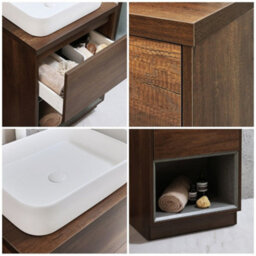 Homestylestore Dark Oak 600mm Bathroom Vanity Unit Rectangular Chalk Countertop Basin Open Shelf - thumbnail 2