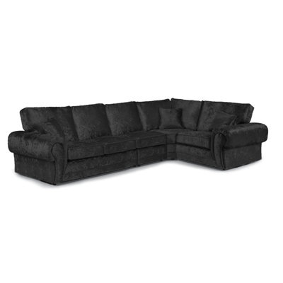 Furnishings For Less UK Chelsea Black Crushed Velvet Long 5 Seater Large Corner Sofa 3 Corner 1 Rolled Arms