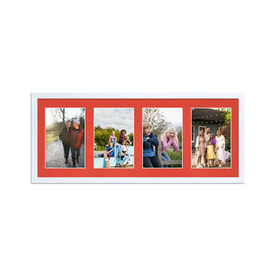 AK Frames 50X20Cm White Sleek Multi Photo Frame With Poppy Red Mount - Holds 4 Apertures (4X) 6X4 Photos - image 1