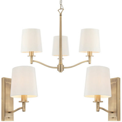 3 Bulb Ceiling Pendant Lamp & 2X Matching Wall Light Matt Antique Brass & Shade - image 1