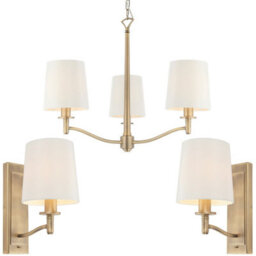 3 Bulb Ceiling Pendant Lamp & 2X Matching Wall Light Matt Antique Brass & Shade - thumbnail 1