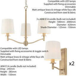 3 Bulb Ceiling Pendant Lamp & 2X Matching Wall Light Matt Antique Brass & Shade - thumbnail 2