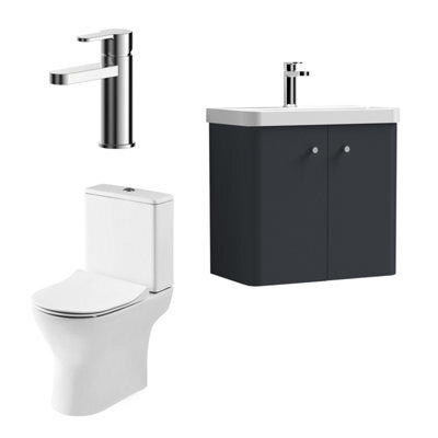 Nuie Core Cloakroom Set Wall Hung Vanity Unit Curve 600mm Basin Tap Wc Satin Anthracite