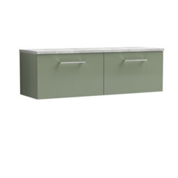 Nuie Arno Wall Hung 2-Drawer Vanity Unit With Laminate Worktop In Bellato Grey, Premium Counter Top Vanity Unit In Satin Green