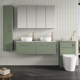Nuie Arno Wall Hung 2-Drawer Vanity Unit With Laminate Worktop In Bellato Grey, Premium Counter Top Vanity Unit In Satin Green - thumbnail 2