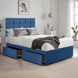 Blue Plush 5Ft King Size Bed With Matttress  2 Storage Drawers And 20 Inch Cubic Headboard - thumbnail 1