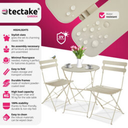 Tectake Garden Table And Chairs Frieda - 2 Seater, For Balconies, Patios & Terraces, Folding & Lightweight - Cream - thumbnail 2