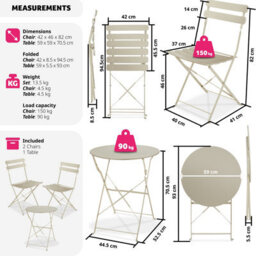 Tectake Garden Table And Chairs Frieda - 2 Seater, For Balconies, Patios & Terraces, Folding & Lightweight - Cream - thumbnail 6