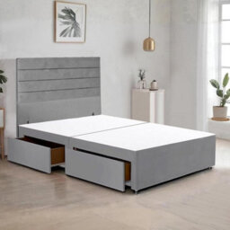 Grey Plush Fabric 5Ft King Size Bed Frame With 48 Inch Horizontal Line Headboard And 2 Drawers - thumbnail 1