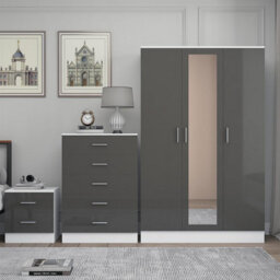 Reflect 3 Door Mirror Wardrobe, 5 Drawer Chest, 2 Drawer Bedside - Grey Gloss & Matt White - Modern Bedroom Furniture Set - thumbnail 3
