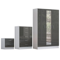 Reflect 3 Door Mirror Wardrobe, 5 Drawer Chest, 2 Drawer Bedside - Grey Gloss & Matt White - Modern Bedroom Furniture Set - thumbnail 5