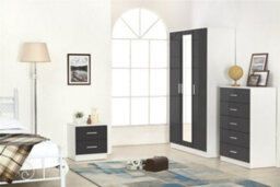 Reflect 3 Door Mirror Wardrobe, 5 Drawer Chest, 2 Drawer Bedside - Grey Gloss & Matt White - Modern Bedroom Furniture Set