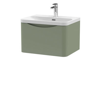 Balterley Dunwood Modern Wall Hung 1-Drawer Bathroom Vanity With Thin Edge Ceramic Basin, Satin Green, 600mm - image 1