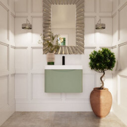 Balterley Dunwood Modern Wall Hung 1-Drawer Bathroom Vanity With Thin Edge Ceramic Basin, Satin Green, 600mm - thumbnail 2