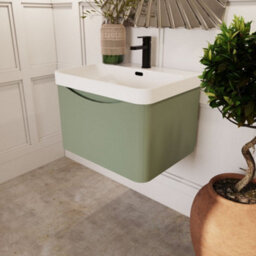 Balterley Dunwood Modern Wall Hung 1-Drawer Bathroom Vanity With Thin Edge Ceramic Basin, Satin Green, 600mm - thumbnail 4