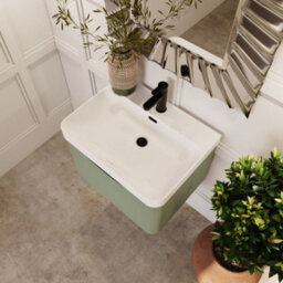Balterley Dunwood Modern Wall Hung 1-Drawer Bathroom Vanity With Thin Edge Ceramic Basin, Satin Green, 600mm - thumbnail 3