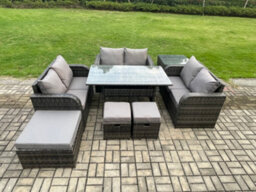 Fimous 9 Seater Outdoor Rattan Garden Furniture Set With Patio Rectangular Dining Table Love Sofa Side Table 3 Footstools - thumbnail 1