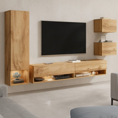 Amadeo Modern Wall Unit With Tv Cabinet And Hanging Storage Wotan With Led Lights - image 1