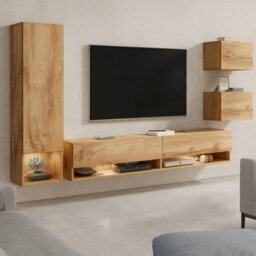Amadeo Modern Wall Unit With Tv Cabinet And Hanging Storage Wotan With Led Lights - thumbnail 1