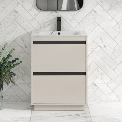 Royal Bathrooms Orion 600mm Warm Taupe 2 Drawer Floor Standing Bathroom Vanity Unit With Carrara White Basin & Black Accent Trim - image 1