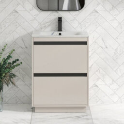 Royal Bathrooms Orion 600mm Warm Taupe 2 Drawer Floor Standing Bathroom Vanity Unit With Carrara White Basin & Black Accent Trim - thumbnail 1