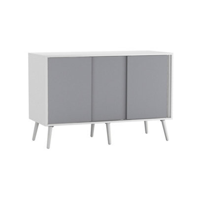 Urbn-Living Urbnliving 3-Door Sliding Cabinet Sideboard White Carcass With Grey Doors Storage Organiser Home Cupboard White Wooden Legs - image 1