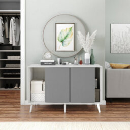 Urbn-Living Urbnliving 3-Door Sliding Cabinet Sideboard White Carcass With Grey Doors Storage Organiser Home Cupboard White Wooden Legs - thumbnail 4