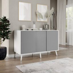 Urbn-Living Urbnliving 3-Door Sliding Cabinet Sideboard White Carcass With Grey Doors Storage Organiser Home Cupboard White Wooden Legs - thumbnail 3