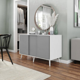 Urbn-Living Urbnliving 3-Door Sliding Cabinet Sideboard White Carcass With Grey Doors Storage Organiser Home Cupboard White Wooden Legs - thumbnail 2