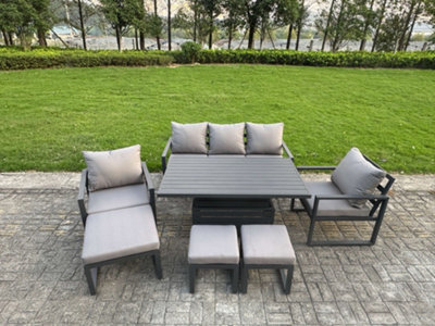 Fimous Aluminium Garden Furniture Sets 8 Seater Outdoor Sofa Set With Adjustable Rising Lifting Dining Table 2 Chairs 3 Footstools - image 1