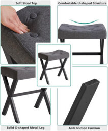 Oira U Shaped Linen Vanity Stool, X Leg Makeup Chair, Dark Gray Square Ottoman Seat Footrest Multi Use Small Side Table - thumbnail 7