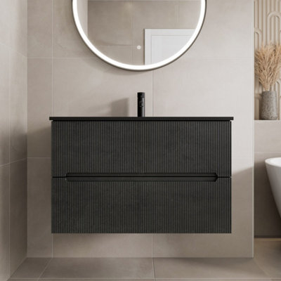 Affine 800mm Bathroom Cloakroom Vanity Unit Basin Sink Wall Hung Black Fluted Unit - image 1