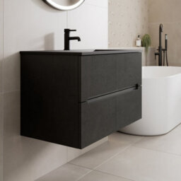 Affine 800mm Bathroom Cloakroom Vanity Unit Basin Sink Wall Hung Black Fluted Unit - thumbnail 2