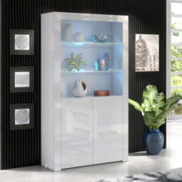 Furneo White Display Cabinet Modern High Gloss &matt 2-Door Cupboard Blue Led Lights Clifton 20