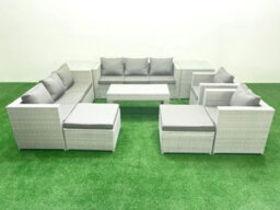 Fimous Outdoor Garden Furniture Rattan Sofa Set 2 Armchairs Oblong Coffee Table 2 Big Stools 2 Side Tables Light Grey - thumbnail 1