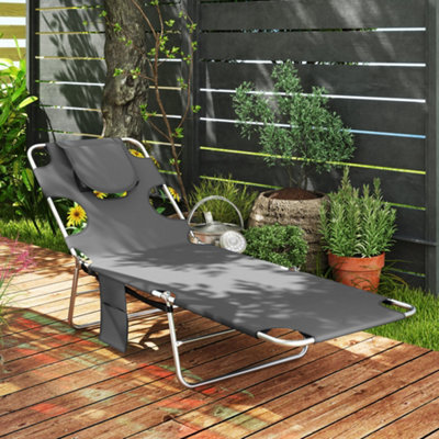 Outsunny Sun Lounger With Reading Hole, Folding Garden Lounger, Dark Grey - image 1