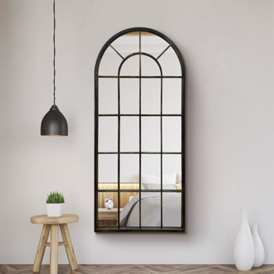Mirroroutlet Large New Black Multi Panelled Arched Window Indoor And Outdoor Mirror 5Ft3 X 2Ft5 160Cm X 75Cm - image 1