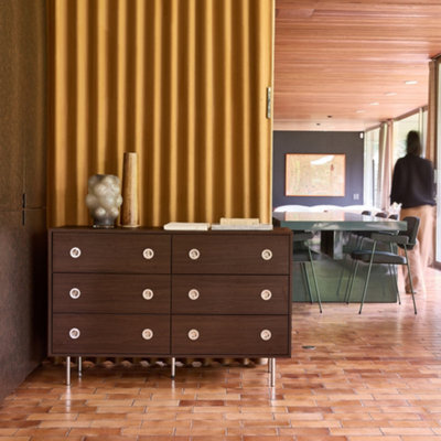 Sweeek - Vintage Dresser With Wood Decor And Stainless Steel, 6 Drawers Walnut 120X40X78 Cm - Shelby - image 1